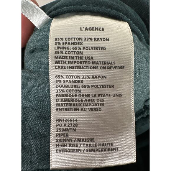 L'Agence Piper Skinny High Rise Womens Size 26 Evergreen Green Velvet - Picture 9 of 10